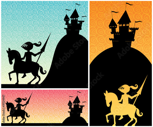 Knight Backgrounds / Set of cartoon banners with knight and castle silhouettes, and copy space for your text. 