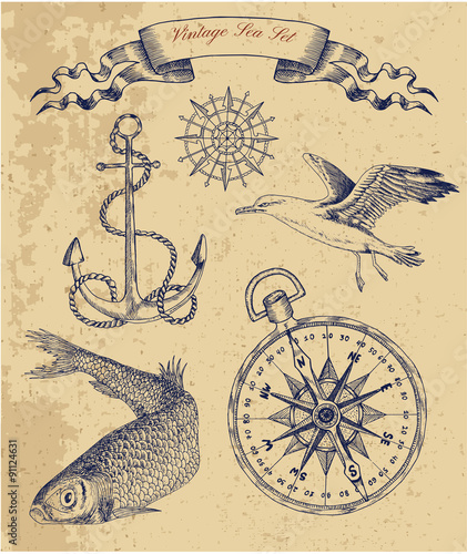 Vintage sea set with fish, gull and anchor.