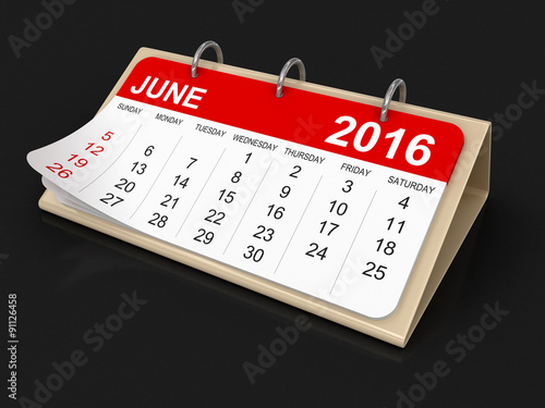 Calendar - June 2016 (clipping path included)