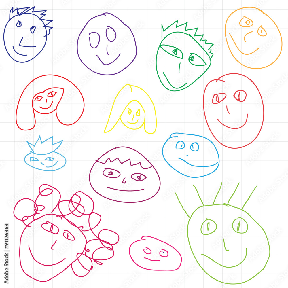set of hand drawn faces  on white background. Kid drawing illustration