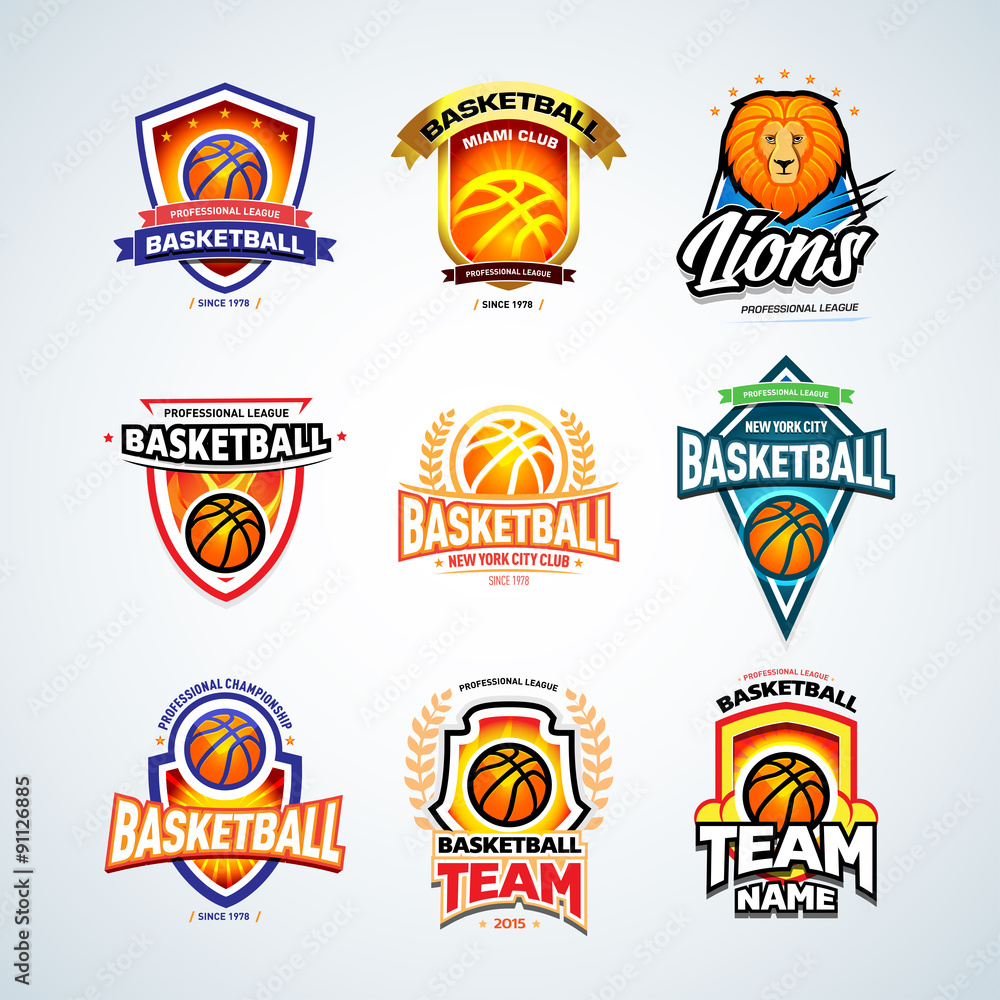 Basketball logo templates set, basketball logotype collection, badge logo design templates, sport logotype templates. Basketball Themed T shirt templates. Vector illustrations.