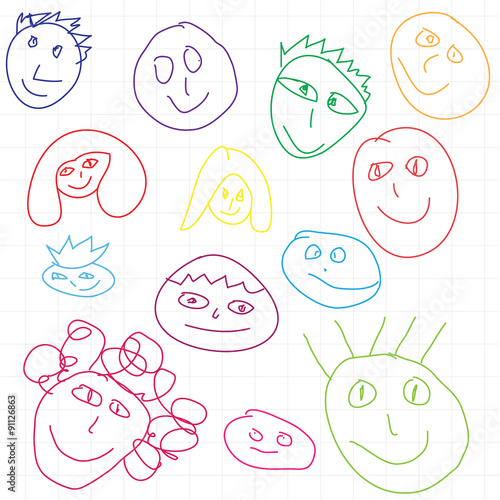 set of hand drawn faces  on white background. Kid drawing illustration