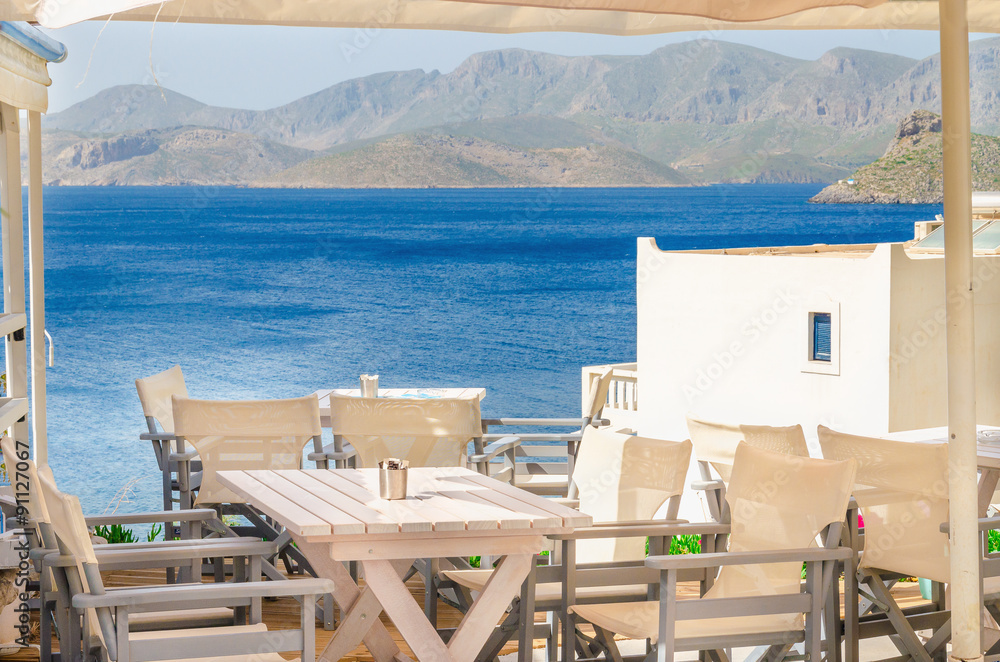 Iconic Greek restaurant blue tablecloth, Greece