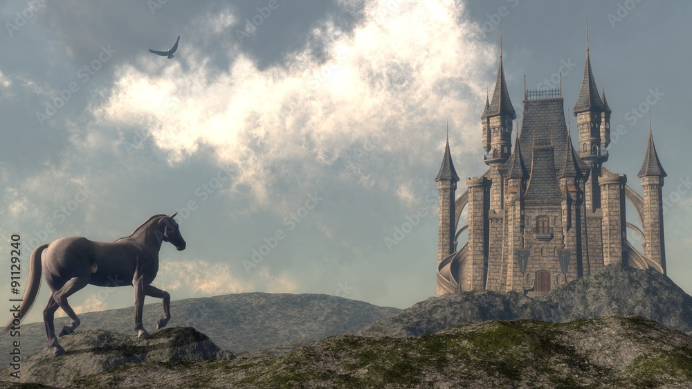 Arriving at the castle - 3D render - obrazy, fototapety, plakaty 