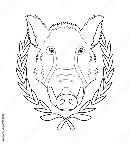 Boar head in laurel wreath. Contour