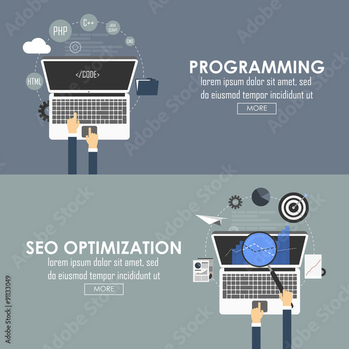 Flat designed banners for programming and seo optimization. Vector image.