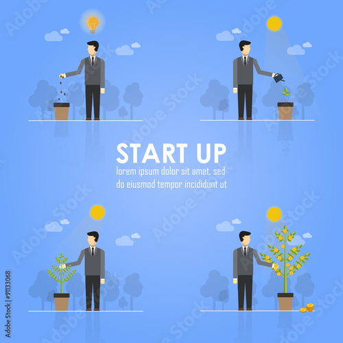 Business Timeline Infographics Design Emphasizing Businessman Planting Tree Concept on Light Blue Background. Vector image.