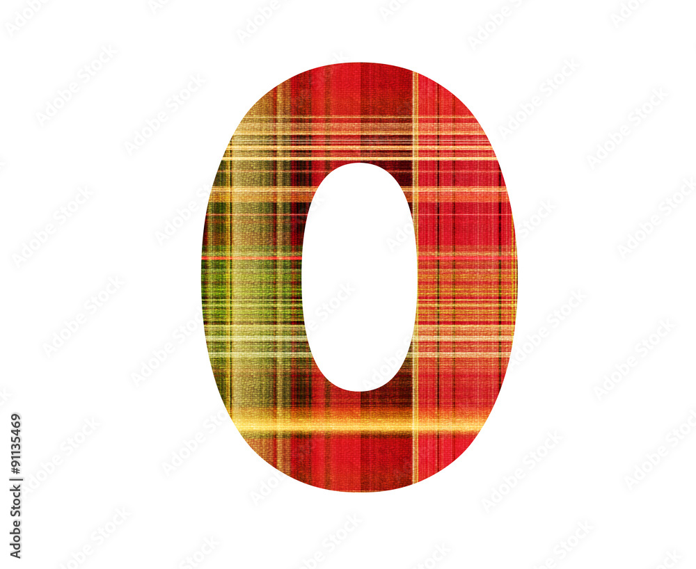 Number 0. Tartan plaid colored number font. Classic red, green and yellow tones. Isolated on white background. Number 0. Tartan plaid colored number font. Classic red, green and yellow tones. Isolated on white background.