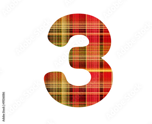 Number 3. Tartan plaid colored number font. Classic red, green and yellow tones. Isolated on white background.