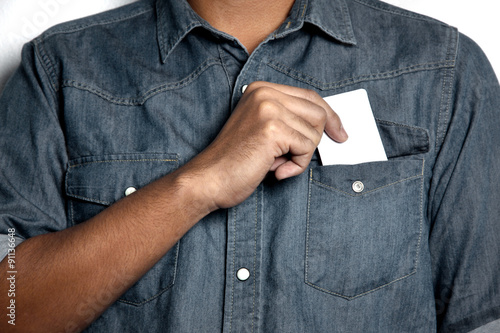 man holding a blank card