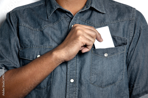 man holding a blank card