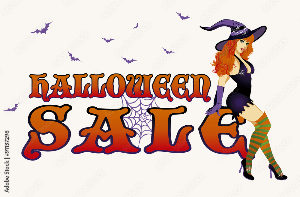 Halloween sale card, shopping witch, vector illustration