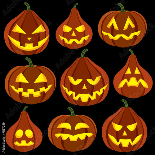 Collection of halloween pumpkins with various face expressions