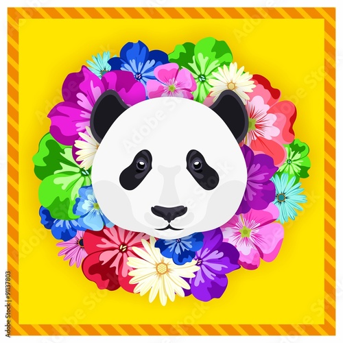 Fototapeta Naklejka Na Ścianę i Meble -  Vector portrait of a panda among the flowers. Beautiful, bright colors. Symmetrical portraits of animals. Vector Illustration, greeting card, poster. Icon. Animal face. Font inscription. 