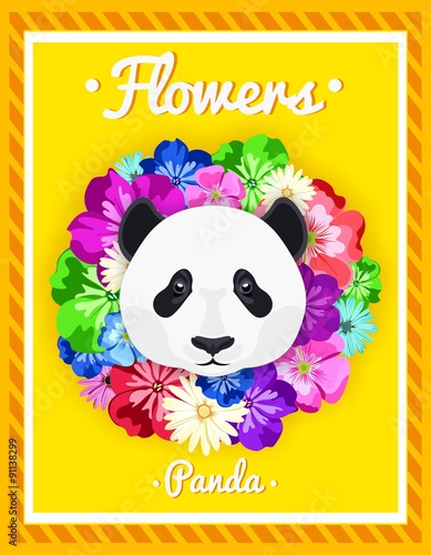 Fototapeta Naklejka Na Ścianę i Meble -  Vector portrait of a panda among the flowers. Beautiful, bright colors.  Symmetrical portraits of animals. Vector Illustration, greeting card, poster. Icon. Animal face. Font inscription.