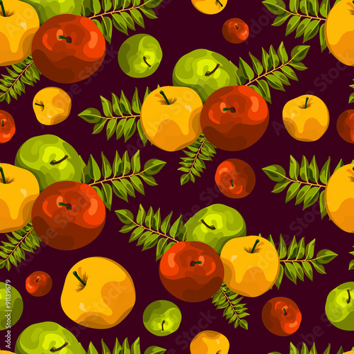 Stylish seamless pattern of leaves and apples. Fruit pattern. Apple harvest. Beautiful background for greeting cards, invitations, textiles, fabrics, wallpaper. Seamless vintage pattern of fruit.