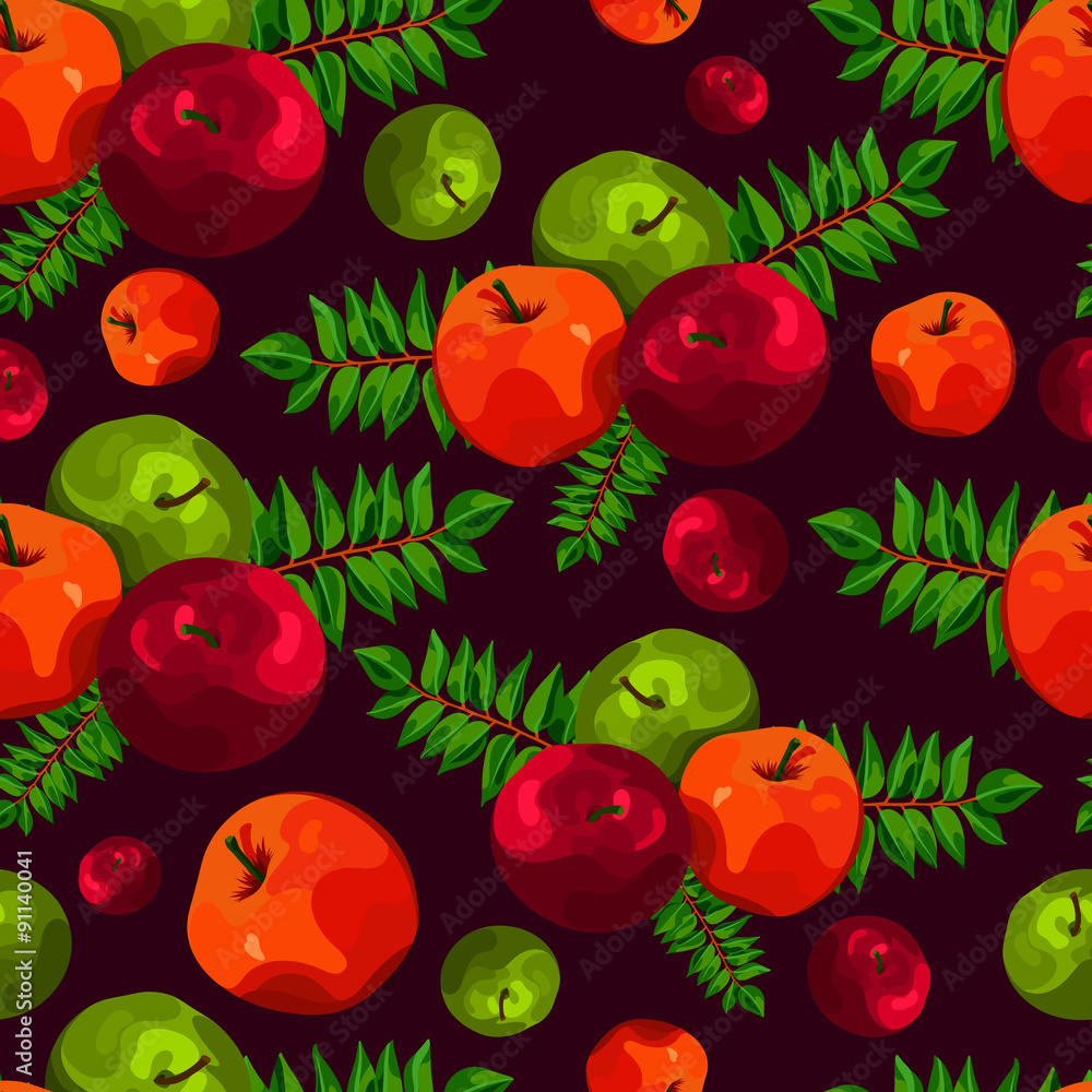 Stylish seamless pattern of leaves and apples. Fruit pattern. Apple harvest. Beautiful background for greeting cards, invitations, textiles, fabrics, wallpaper. Seamless vintage pattern of fruit. Stylish seamless pattern of leaves and apples. Fruit pattern. Apple harvest. Beautiful background for greeting cards, invitations, textiles, fabrics, wallpaper. Seamless vintage pattern of fruit.