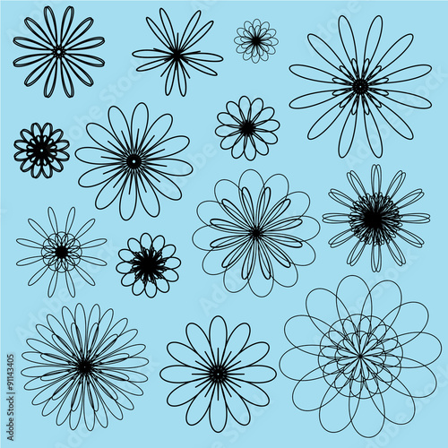 Black vector doodle flowers on the soft blue background