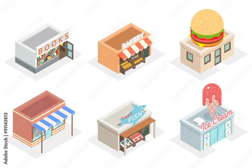 Vector shops and stores 3d isometric icons