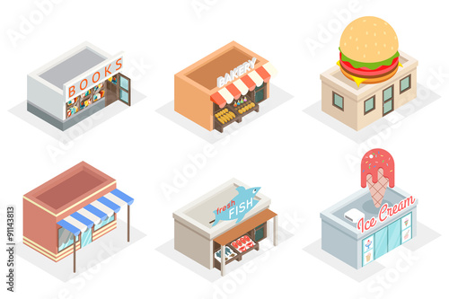 Vector shops and stores 3d isometric icons