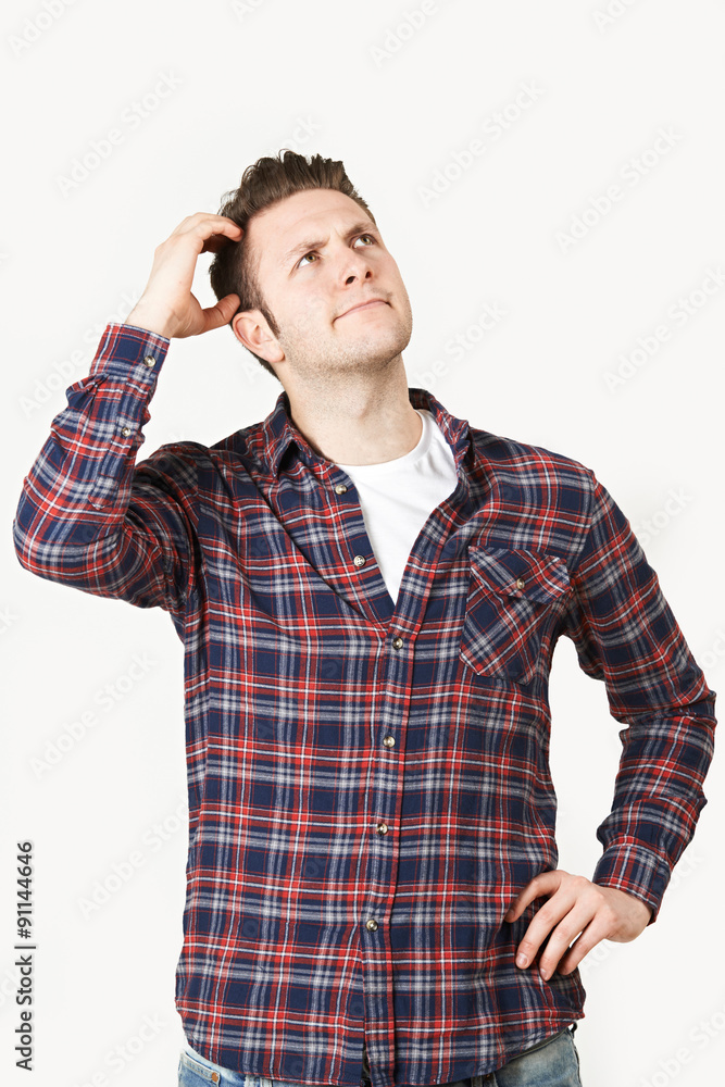 Man Thinking Of Idea Against White Background Man Thinking Of Idea Against White Background
