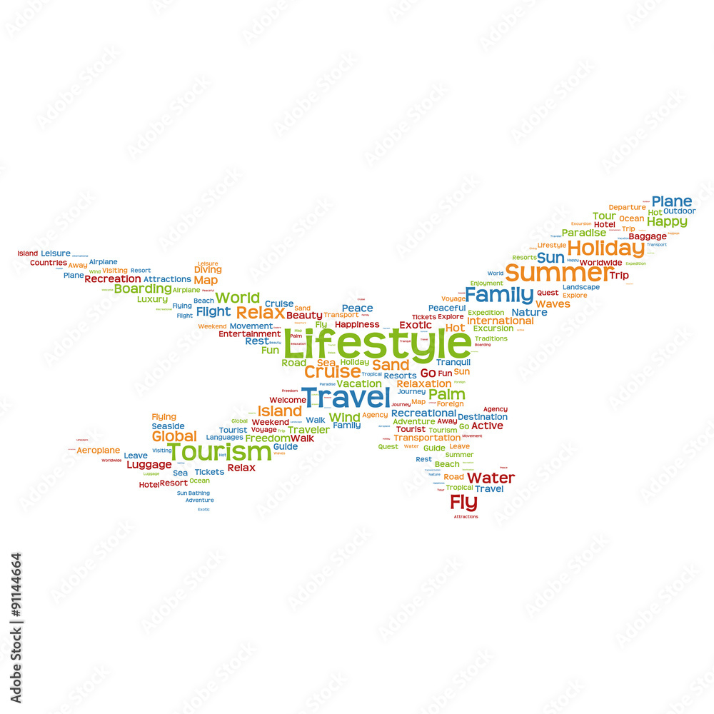 Concept or conceptual colorful plane silhouette travel tourism text word cloud tagcloud isolated on background