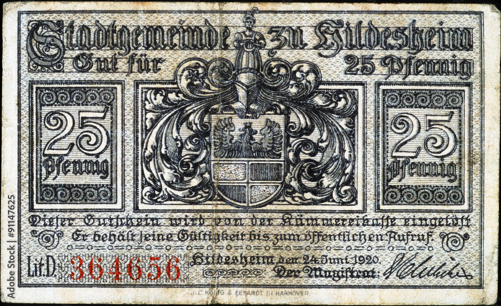Historische Banknote, Notgeld, 24. Juni 1920, Fünfundzwanzig Pfennig, Deutschland
