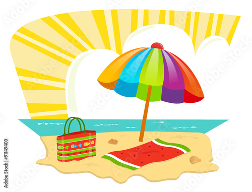 Beach Icon - A sandy beach with umbrella, towel and a tote bag.  Eps10