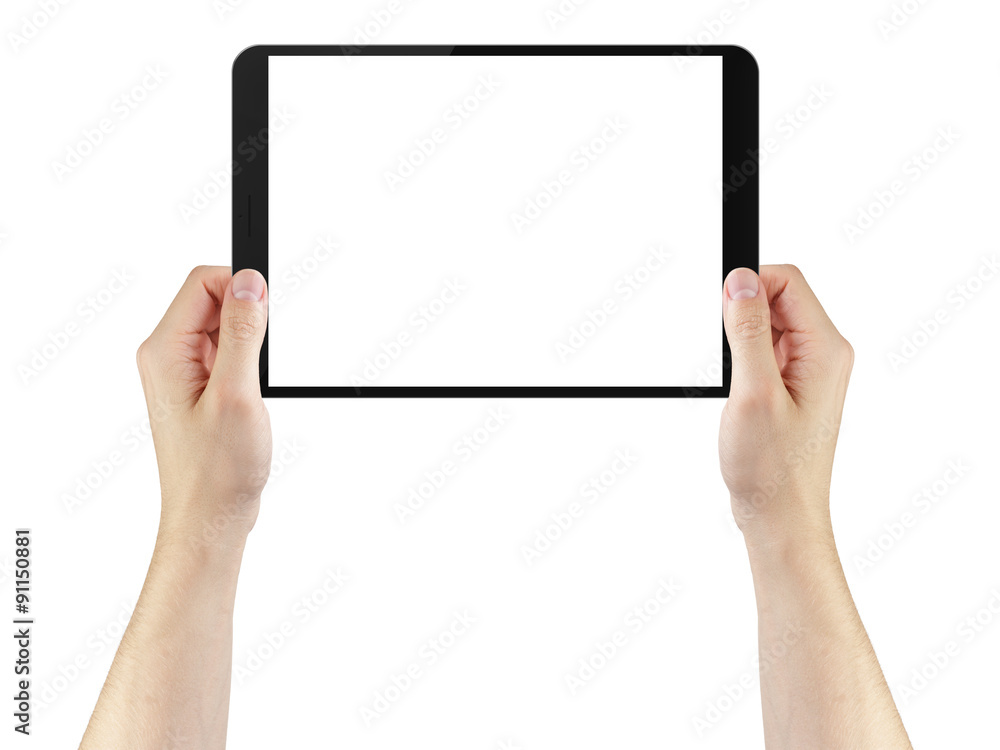 young man hands using tablet pc with blank screen young man hands using tablet pc with blank screen