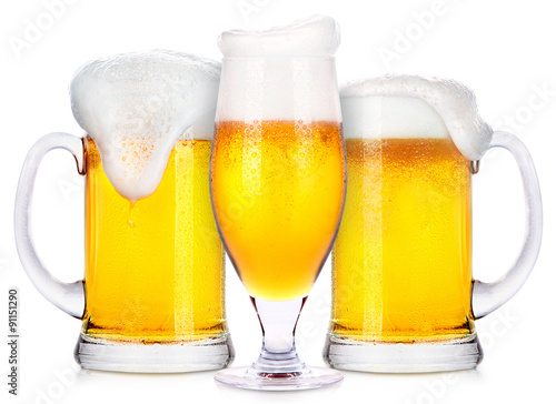 Frosty glasses of light beer isolated 