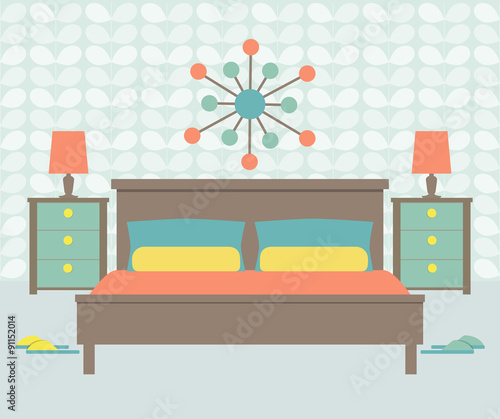 flat retro bedroom.vector illustration