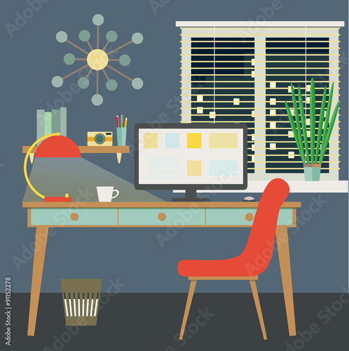 flat workplace at night. vector illustration