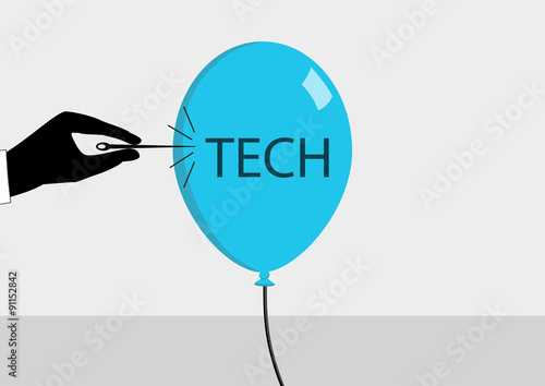 Concept for tech crisis in silicon valley and computer industry. Vector illustration of hand and needle bursting the tech bubble.