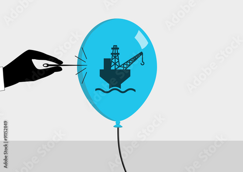 Oil crisis and declining oil price concept. Vector illustration of hand and needle bursting a bubble or balloon with symbol for oil production.