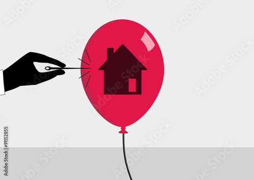 Real estate crisis and declining real estate prices concept. Vector illustration of hand and needle bursting a bubble or balloon with house symbol.