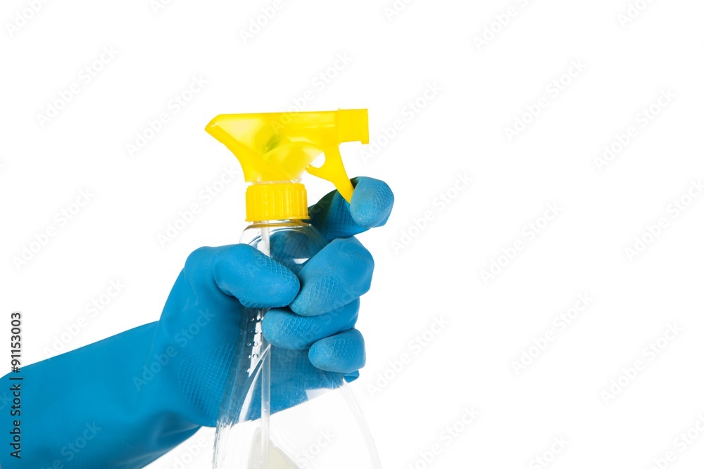 Blue rubber gloves and spray on white background Blue rubber gloves and spray on white background