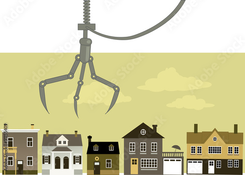 Claw crane hovering over a row of housing representing real estate buyer choice, EPS 8