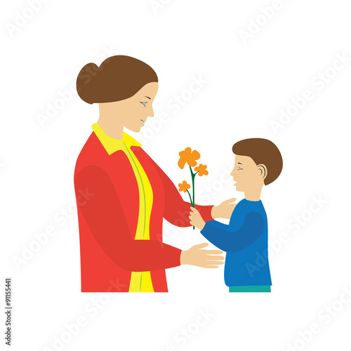 Son gives to mother flowers. Mother's Day.