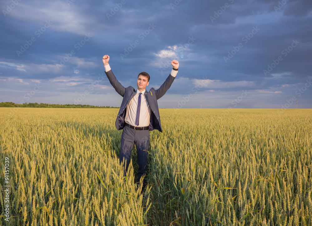 happy farmer, businessman, standing in wheat field with his happy farmer, businessman, standing in wheat field with his