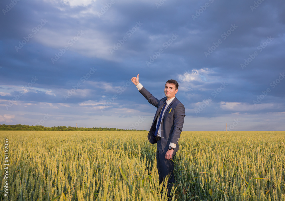 happy farmer, businessman, standing in wheat field with his happy farmer, businessman, standing in wheat field with his