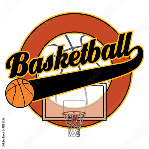 Basketball With Tail Banner is an illustration of a basketball design with the word basketball, a basketball, a basketball backboard with net, a tail banner a circle element with space for text.