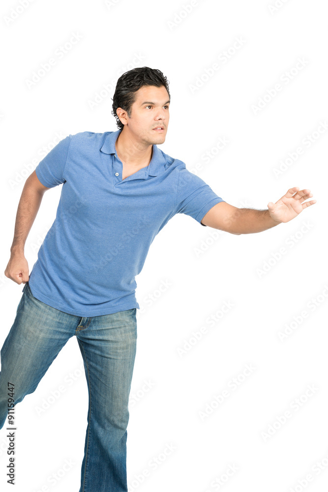 Hispanic Male Reaching Open Hand Object Offscreen Hispanic Male Reaching Open Hand Object Offscreen