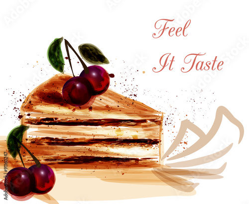 Vector illustration with desert hand painted piece of cake and c