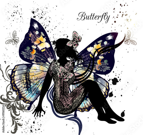Illustration with floral fairy sit in environment of butterflies