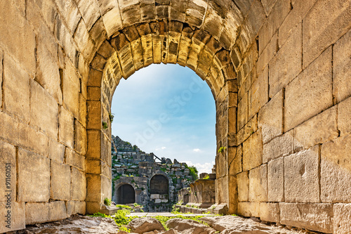 Entrance of Western Theater at Umm Qais in the ancient city of Decapolis, northern Jordan. It is located in the extreme north-west of the country, where the borders of Jordan, Israel and Syria meet. photo