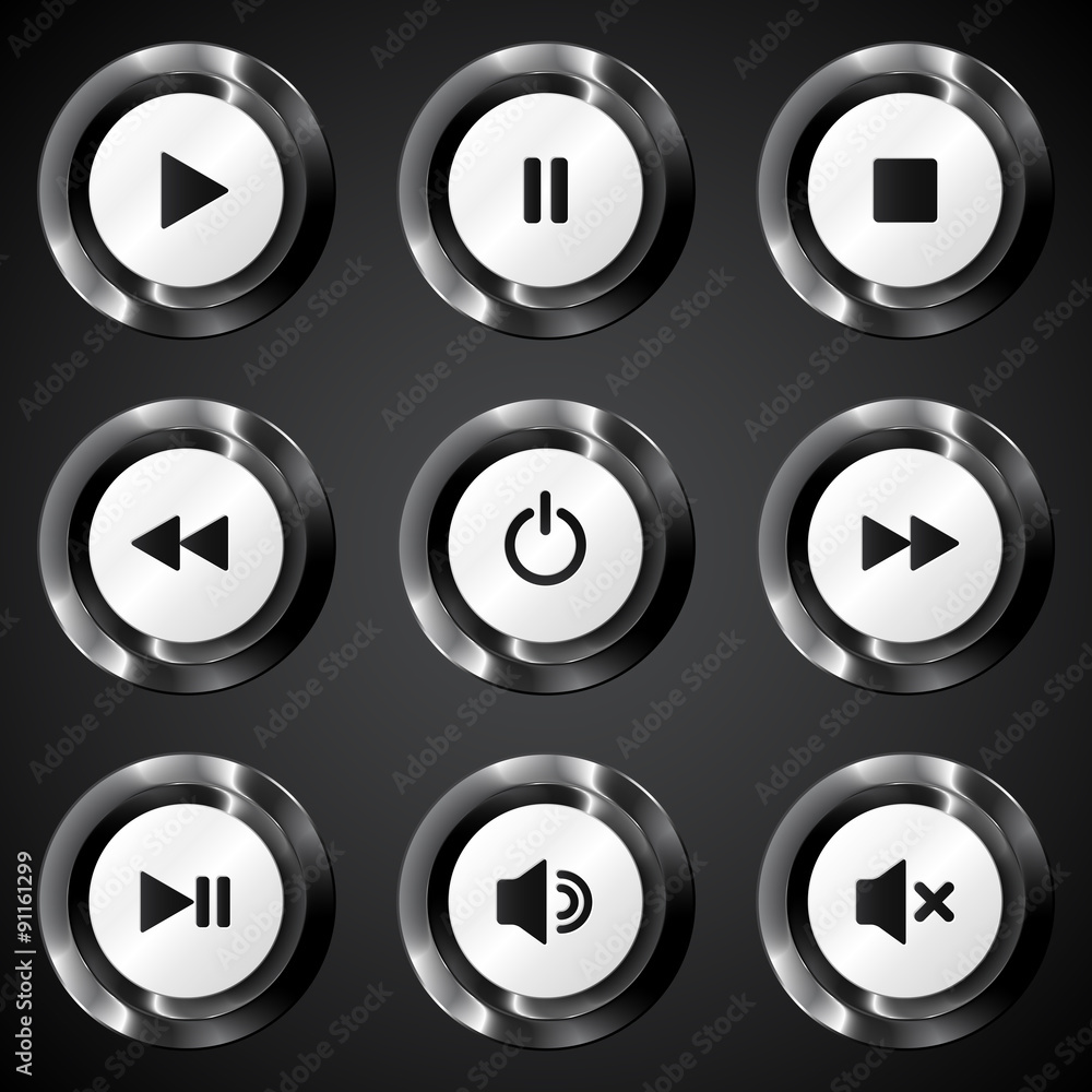 Black metallic vector power buttons set Black metallic vector power buttons set