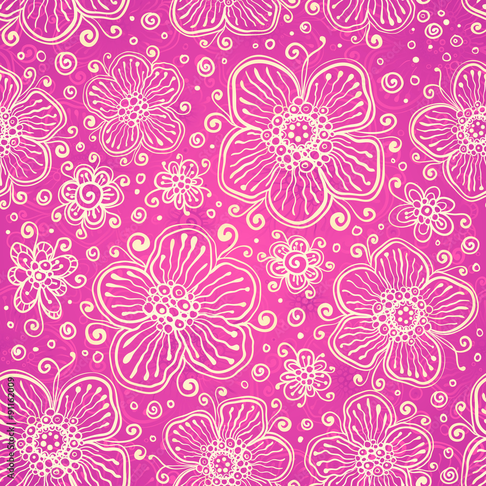 Vector doodle flowers pink seamless pattern