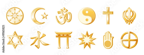 World Religions and Faiths: Top: Buddhism, Islam, Hindu, Taoism, Christianity, Sikh. Bottom: Judaism, Confucianism, Shinto, Baha'i, Jain, Native Spirituality. Gold icon symbols.  