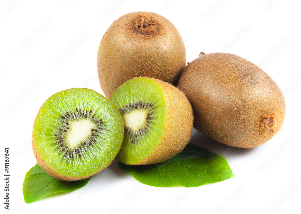 Juicy kiwi fruit and leaves isolated on white Juicy kiwi fruit and leaves isolated on white