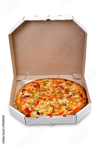 Pizza in box isolated